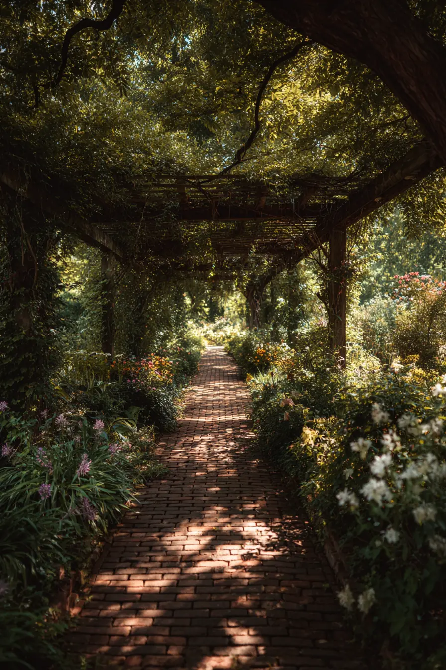 Shaded Brick Walkway with Pergola Charm
