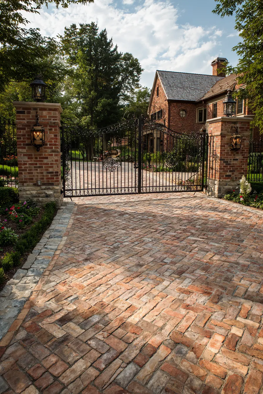 Brick Driveway with Elegant Wrought Iron Gate