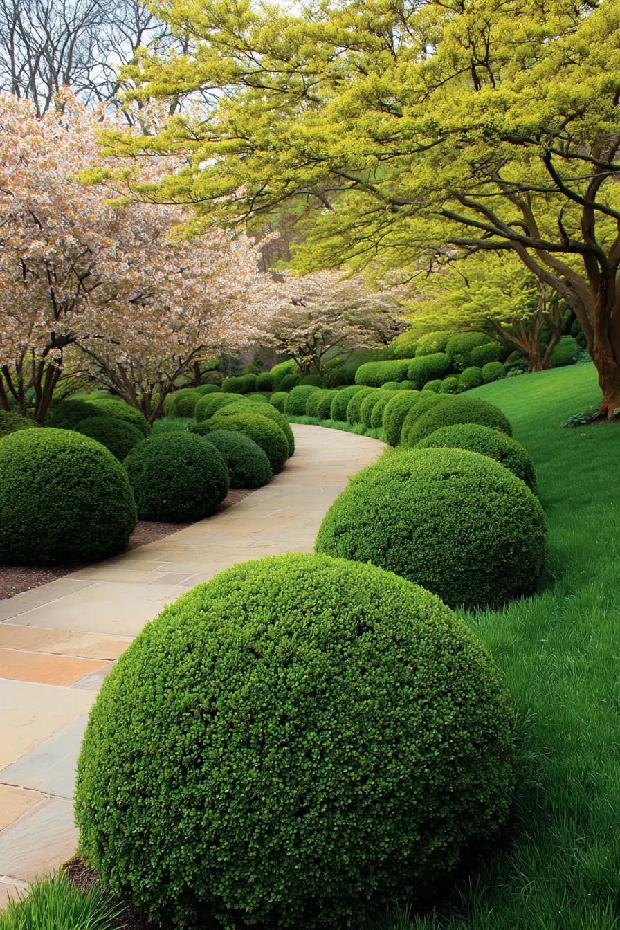 Sculpted Boxwood Spheres for a Formal Walkway