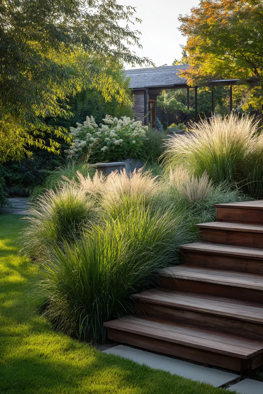 Sleek Wooden Steps Framed by Ornamental Grasses