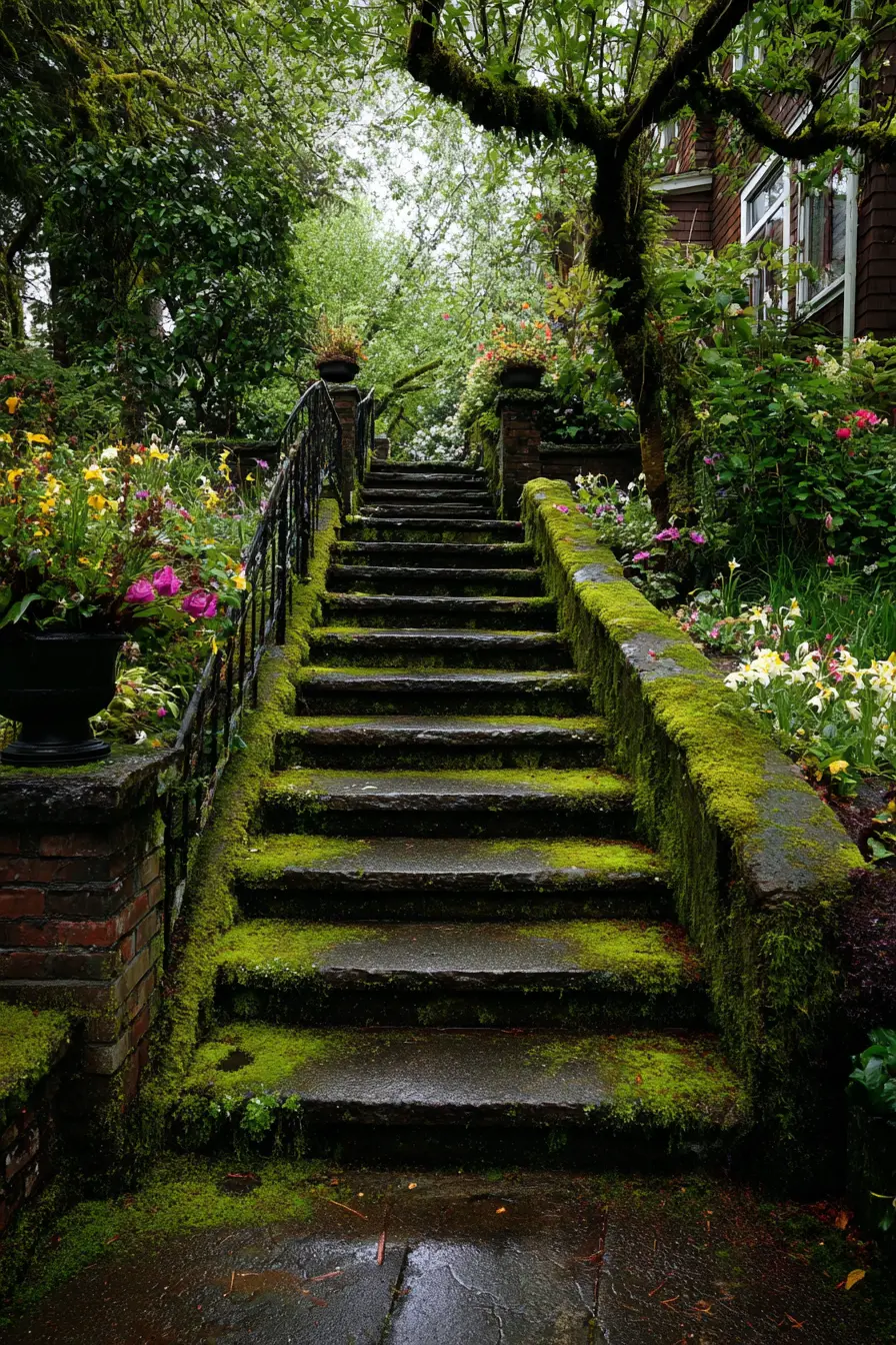 Moss-Covered Concrete Stairs with Garden Charm
