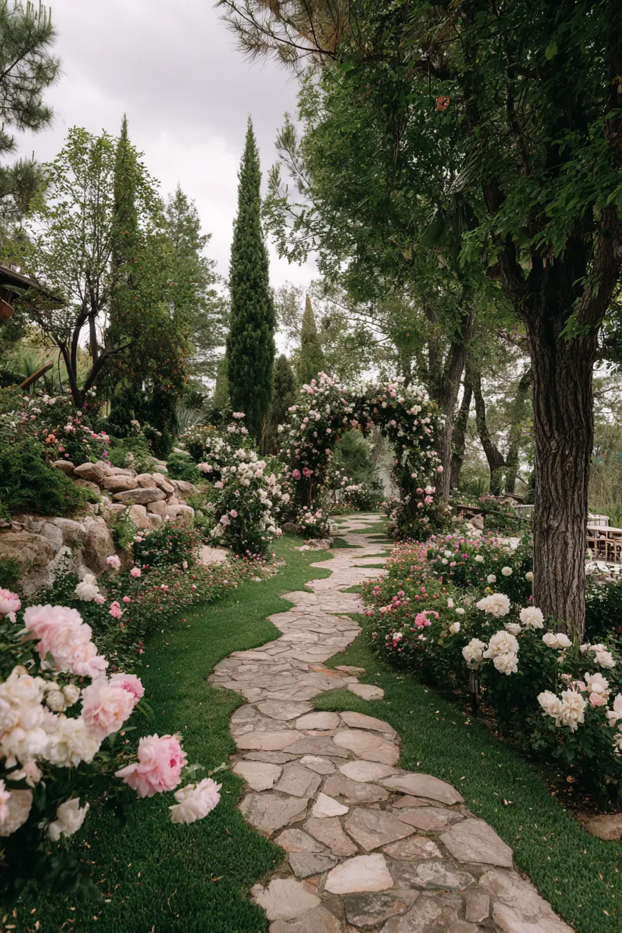 Garden Stone Path with Blooming Arch