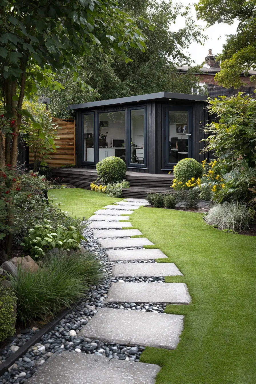 Contemporary Stone Walkway to a Stylish Shed