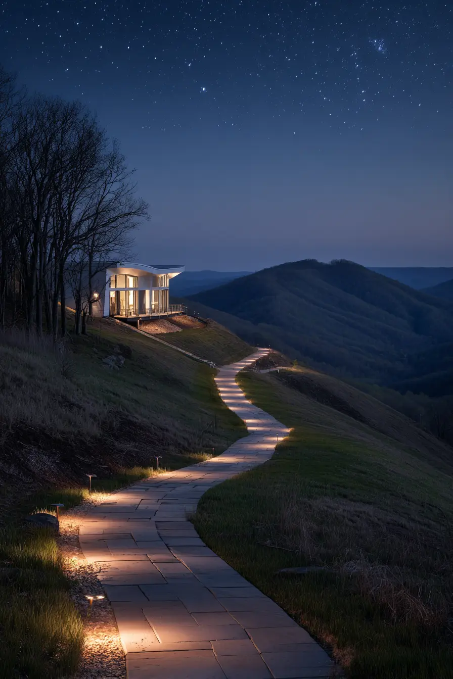 Modern Hillside Driveway with Night Lighting