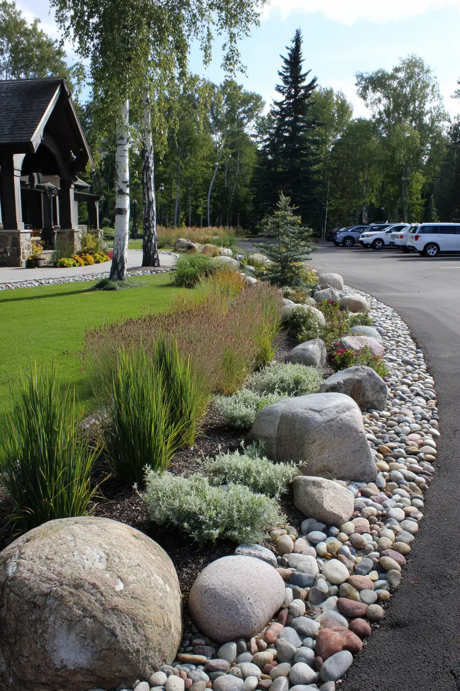 River Rock Driveway Border with Natural Greenery