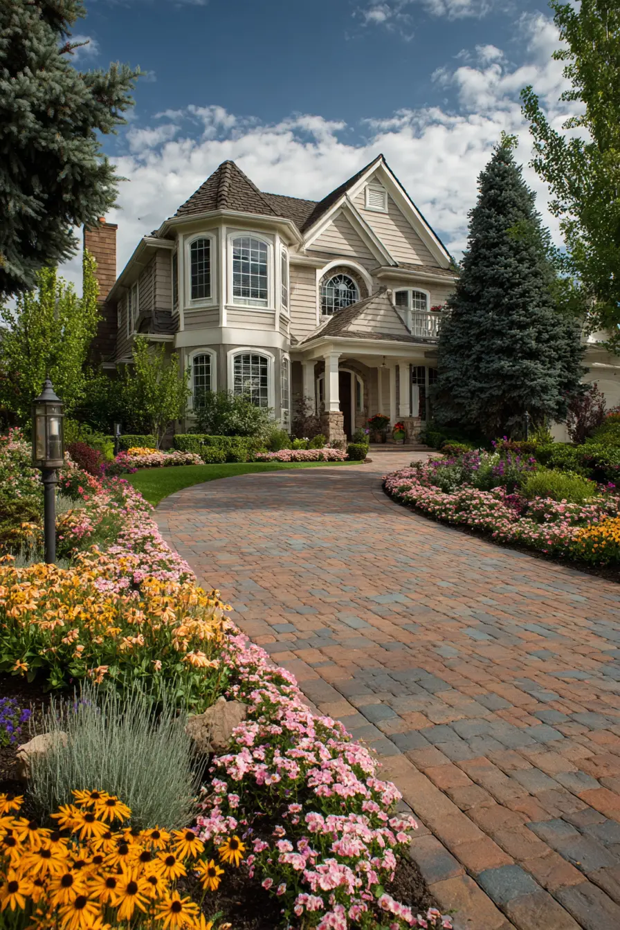 Colorful Block Paving Driveway with Floral Borders