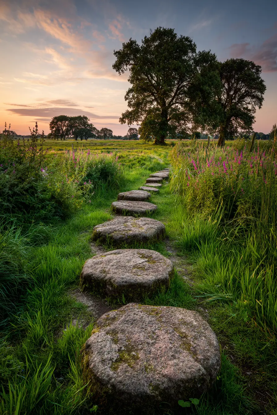 Large Stone Pathway Through Meadow Grass