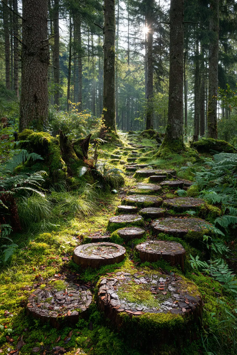 Woodland Pathway with Tree Slice Steps