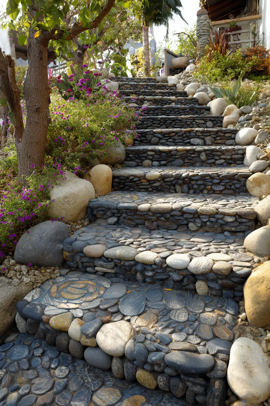 Pebble Mosaic Stair Risers with Natural Artistry