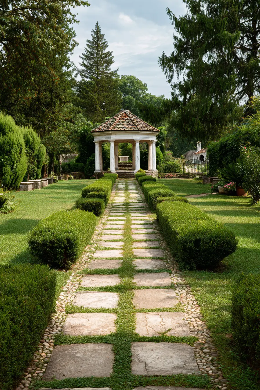 Formal Stepping Stone Path with Garden Pavilion