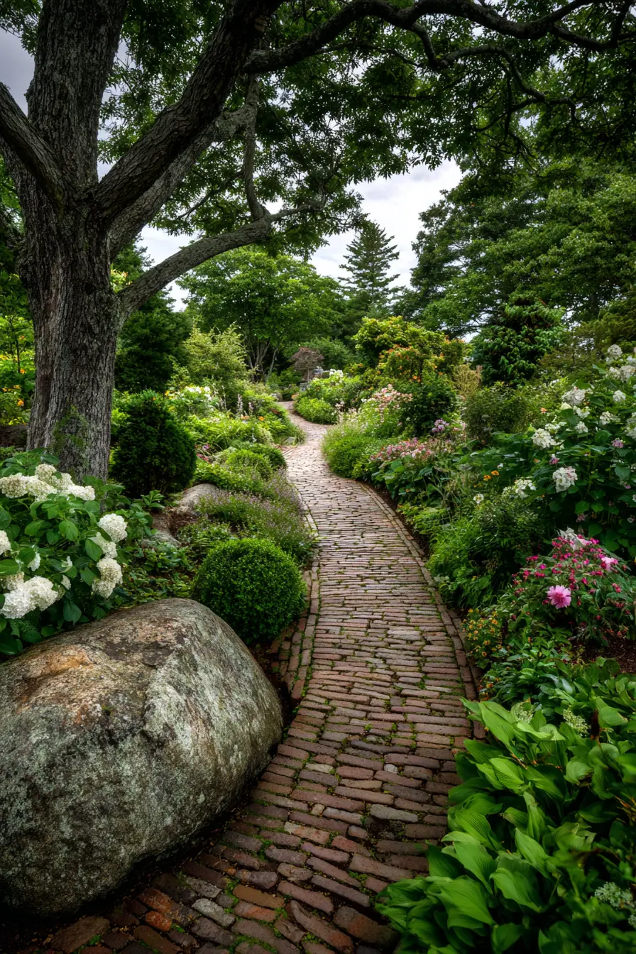 Curved Brick Path Through Lush Garden