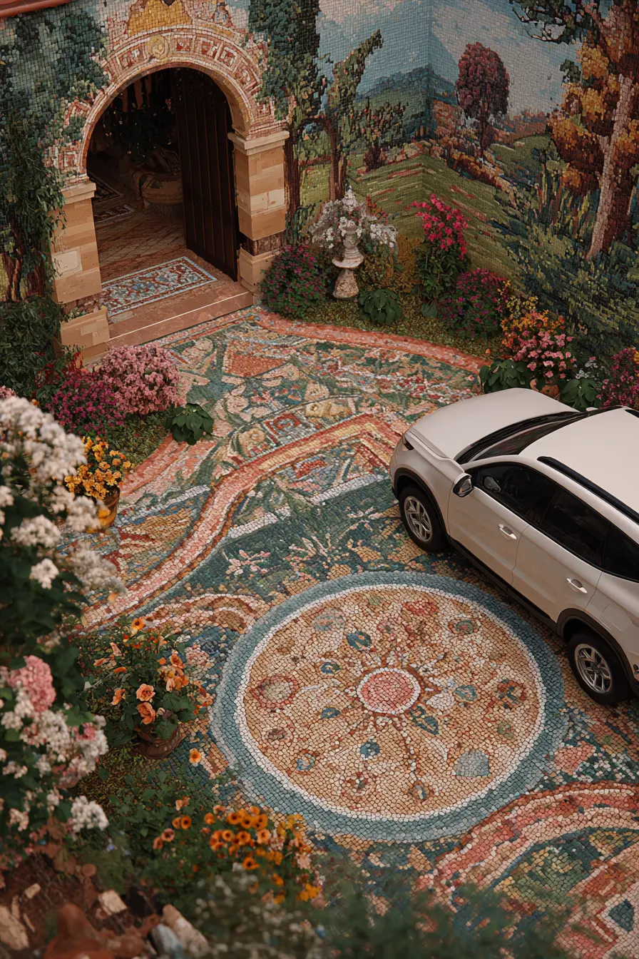 Vibrant Mosaic Parking Pad with Artistic Flair