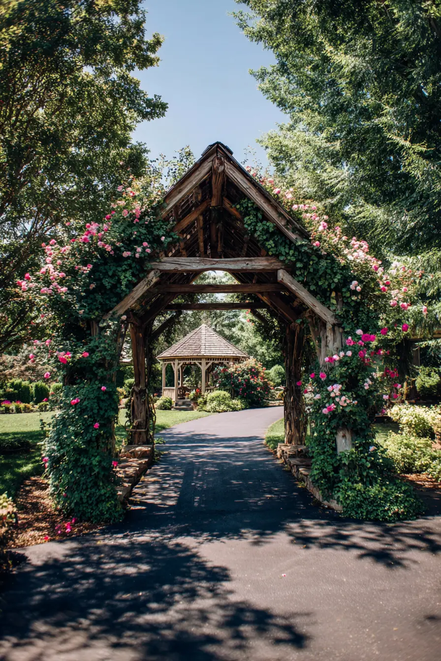 Driveway Island with Rustic Rose-Covered Arch