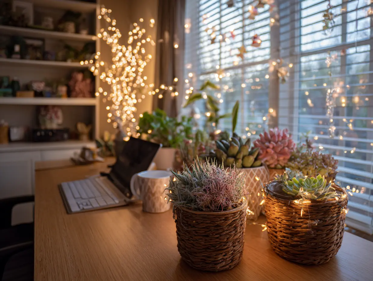 Decorate Your Office Desk Plants With Fairy Lights for a Magical Touch