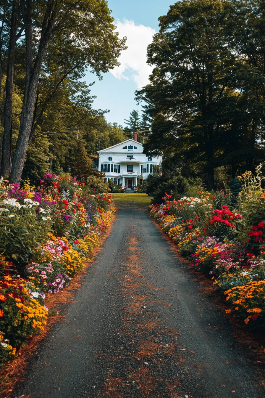 Colorful Ranch Driveway with Flower Lined Path