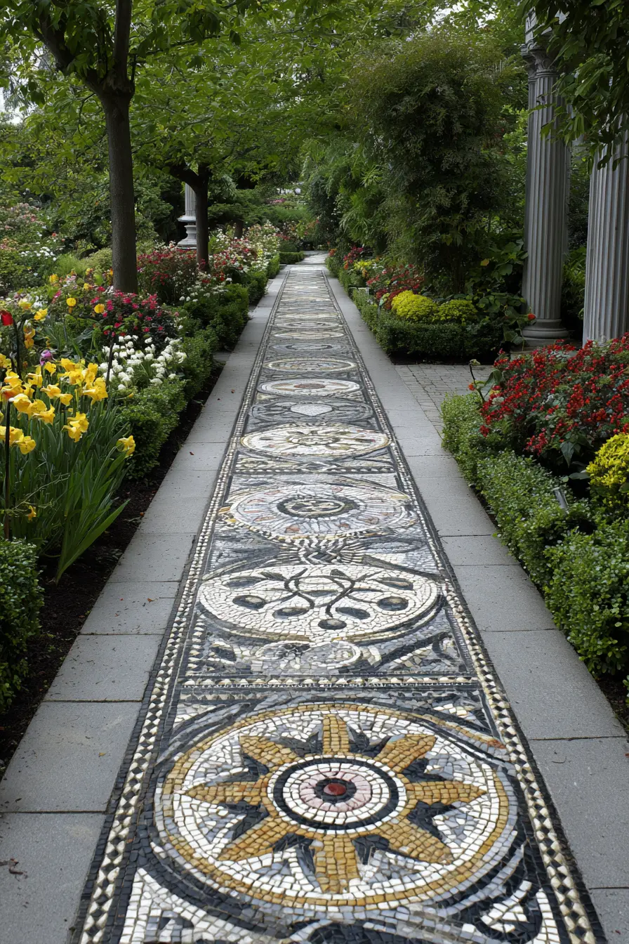 Mosaic Cement Walkway with Artistic Detail
