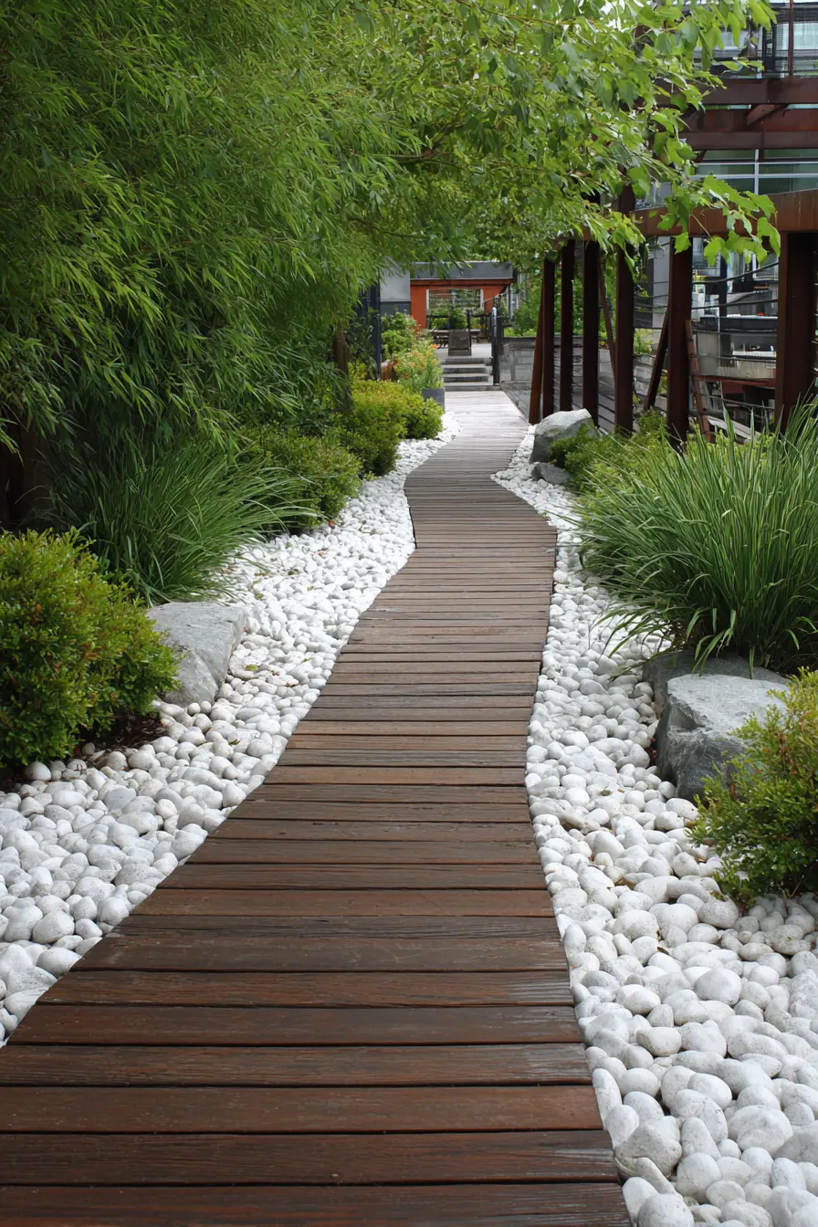 Sleek Wooden Pathway with Pebble Border