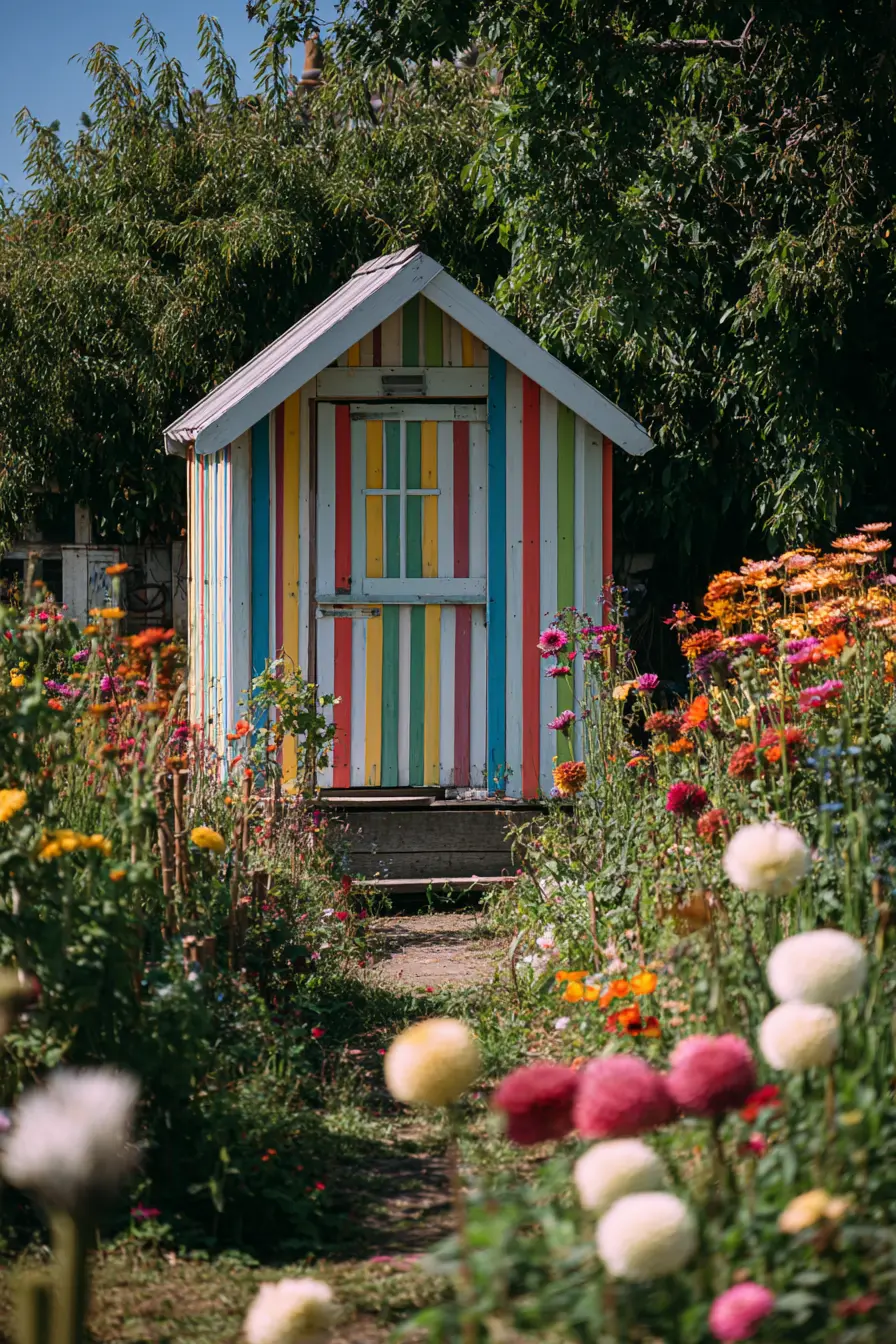 Rainbow Striped Metal Shed for a Playful Garden