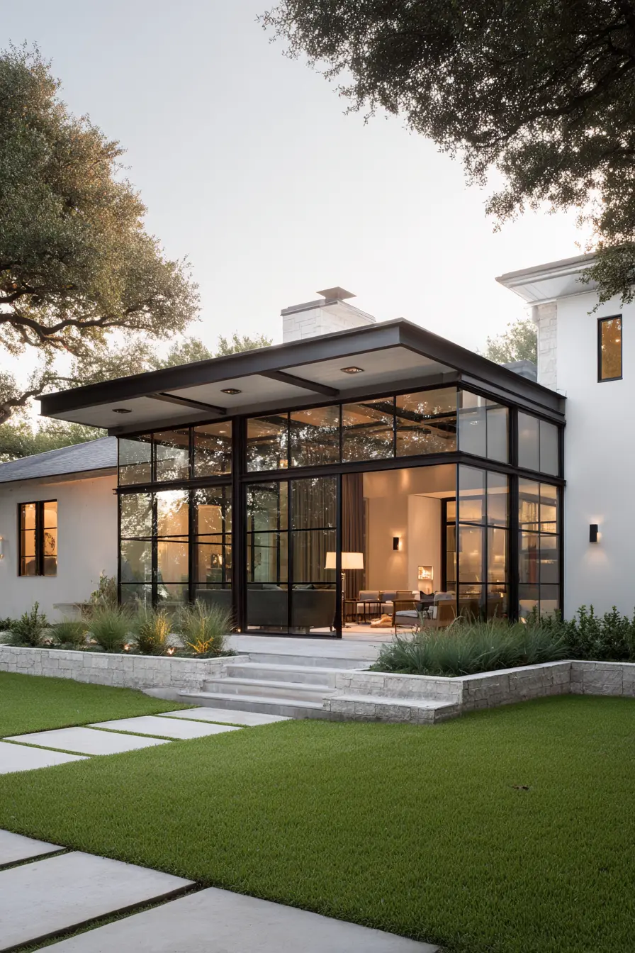Modern Glass Room with Sleek Overhang Roof
