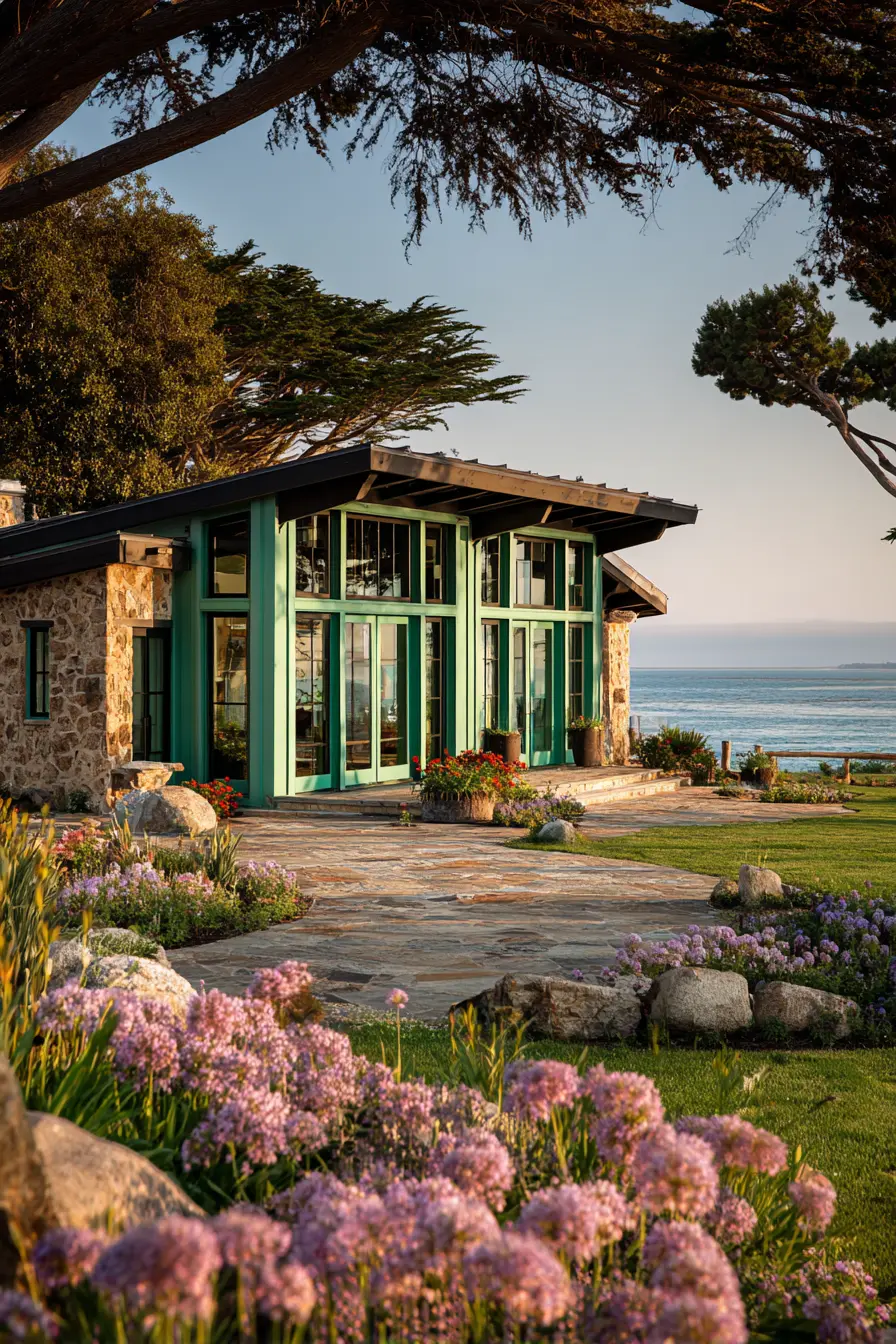 Coastal Retreat with Dark Green Frames and Stone Walls