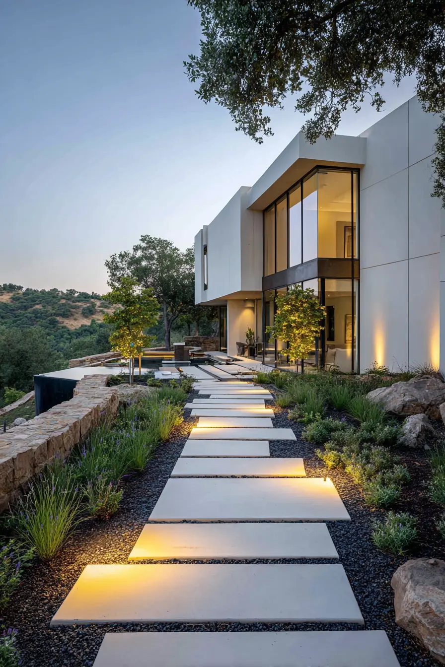 Modern Pathways and Lighting Shape a Lush Entry