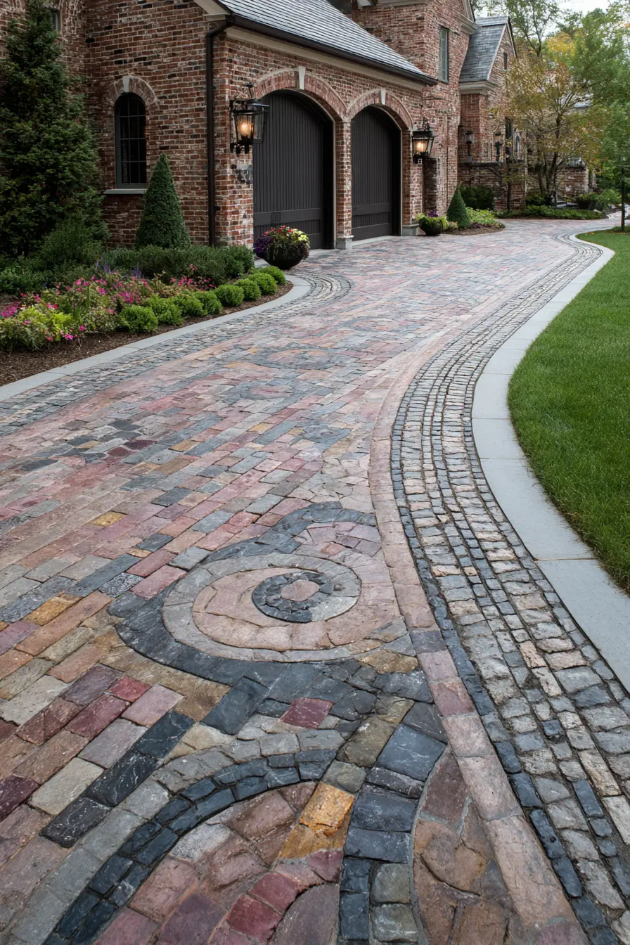 Artistic Brick Driveway with Patterned Design