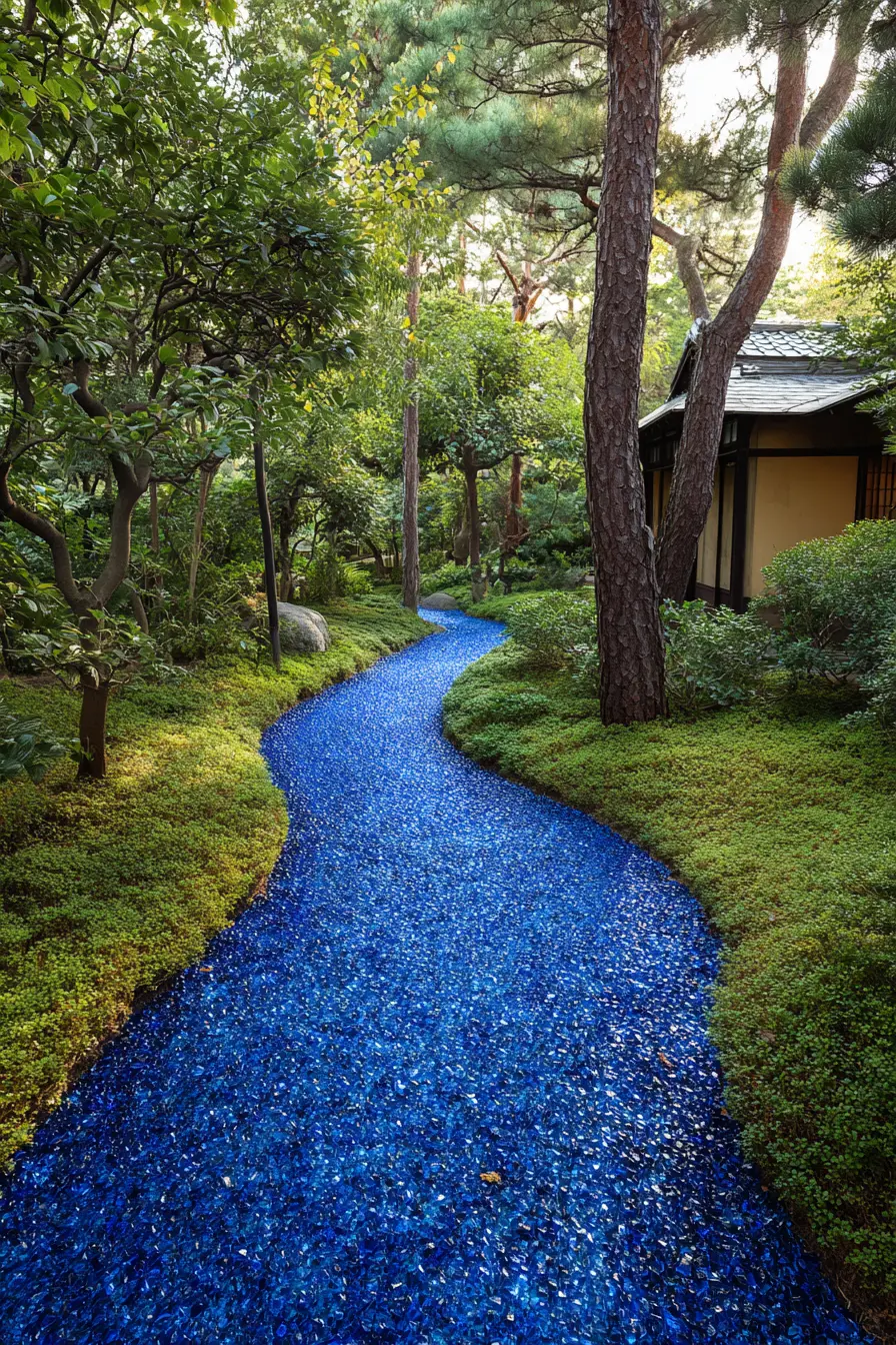 Vibrant Blue Gravel Pathway in a Tranquil Garden