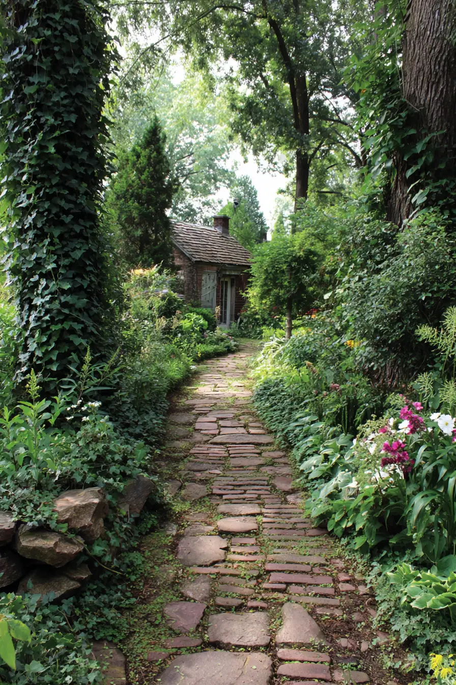 Vintage Brick and Stone Walkway to a Garden Cottage