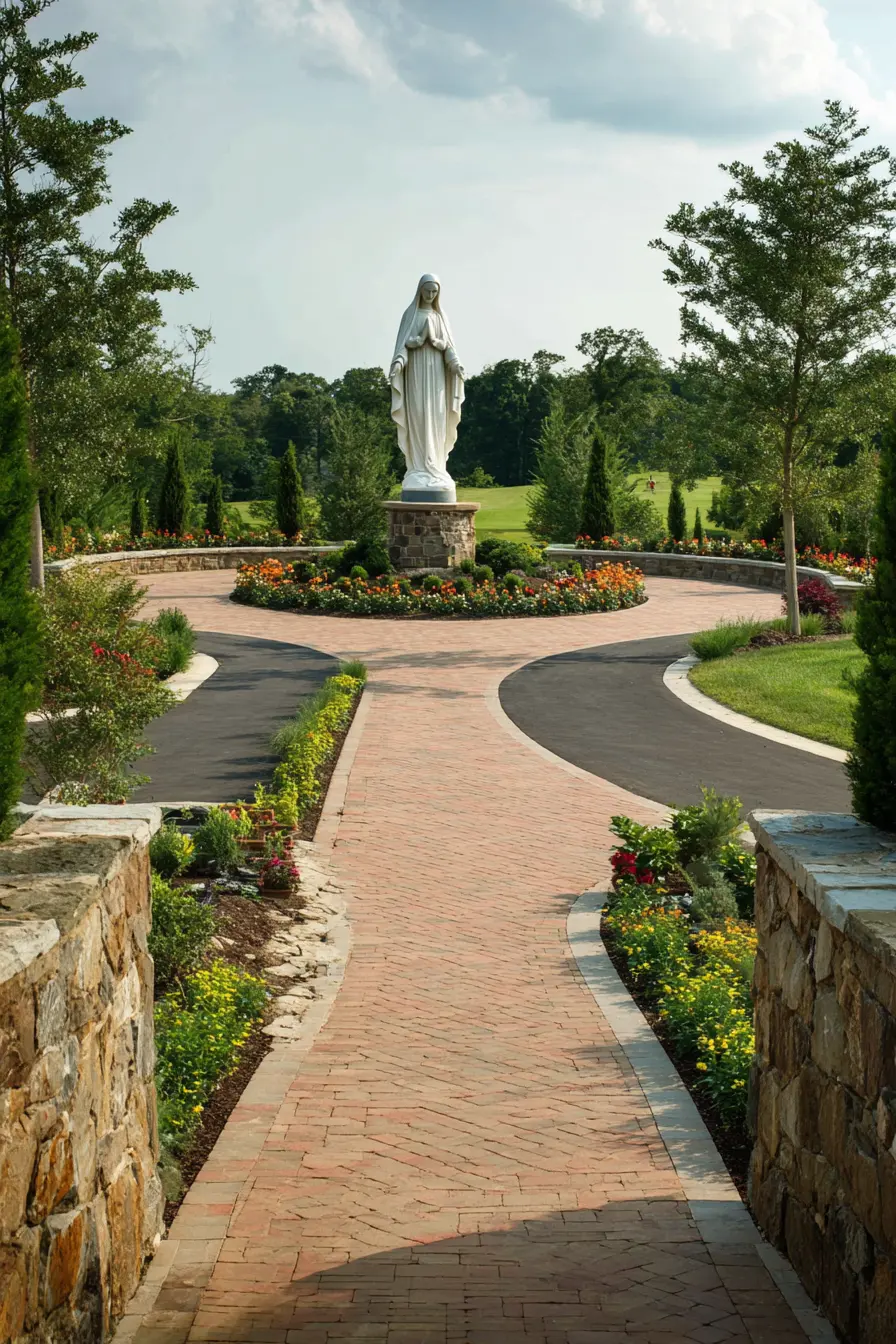 Brick Driveway with Statue Centerpiece