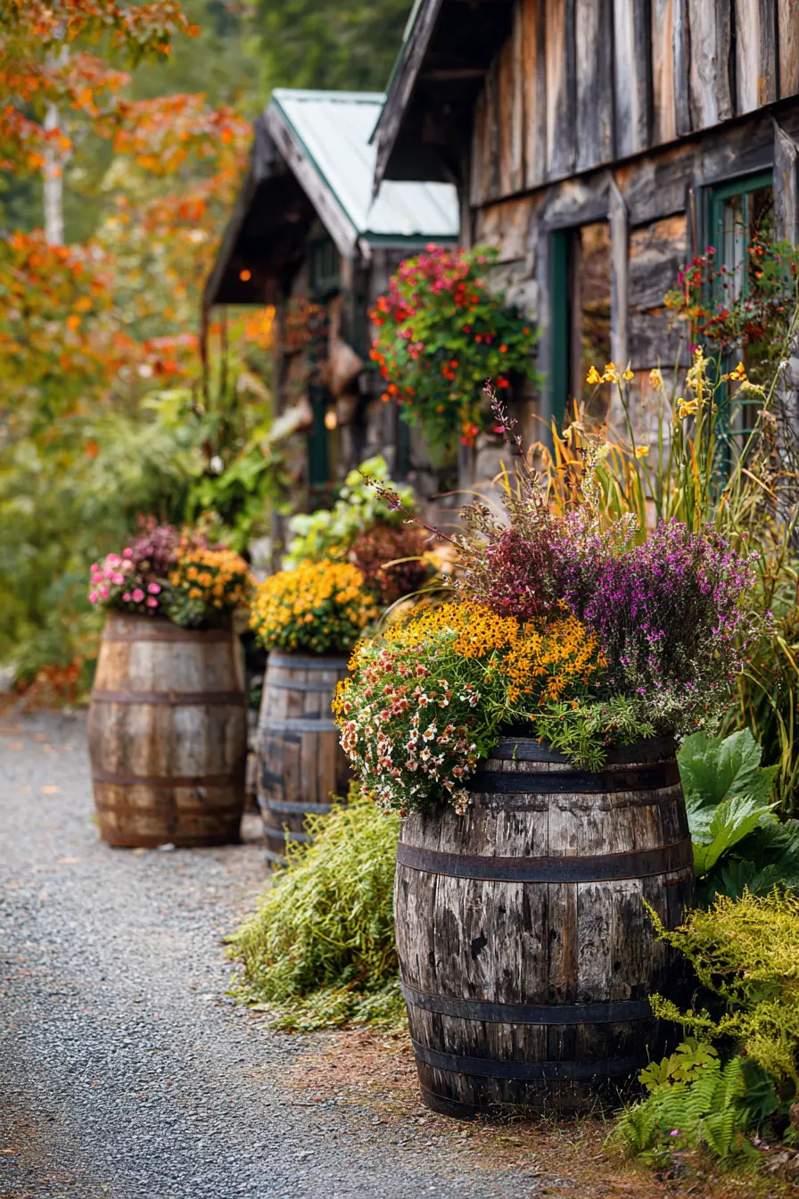 Rustic Barrel Driveway Planters with Country Charm
