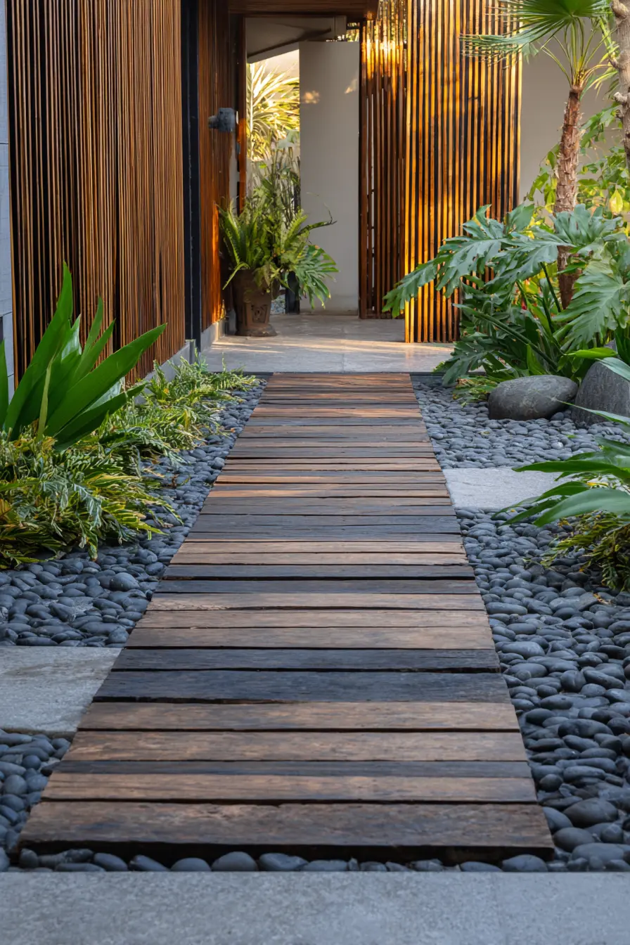 Sleek Wooden Tile Walkway with Modern Zen Style