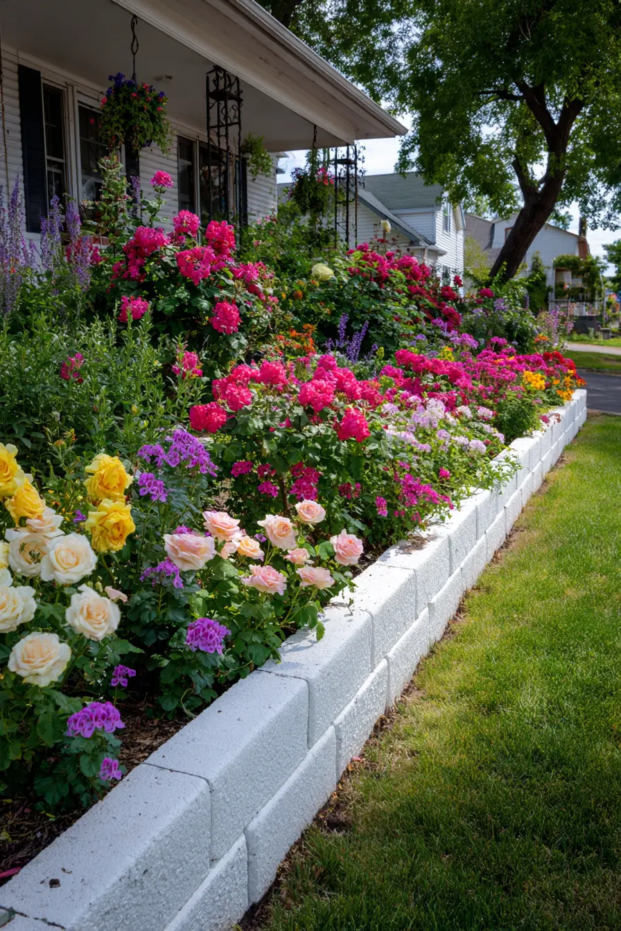 Bright Concrete Block Edging with Rose Garden