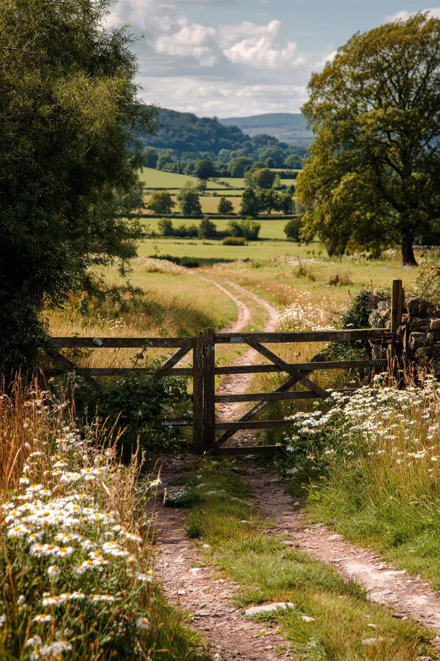 Countryside Path with Wooden Farm Gate