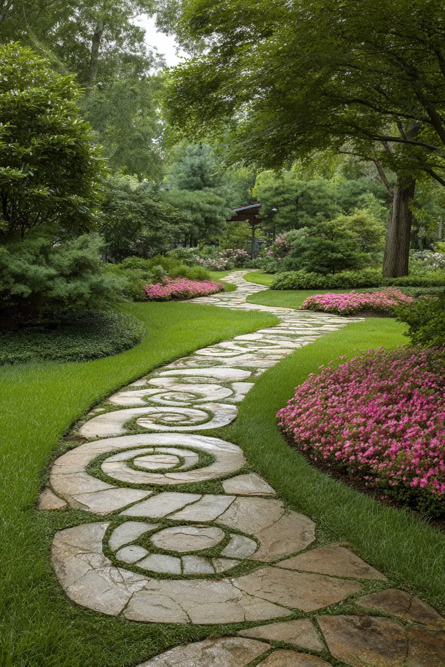 Artistic Grassy Path with Spiral Stone Design