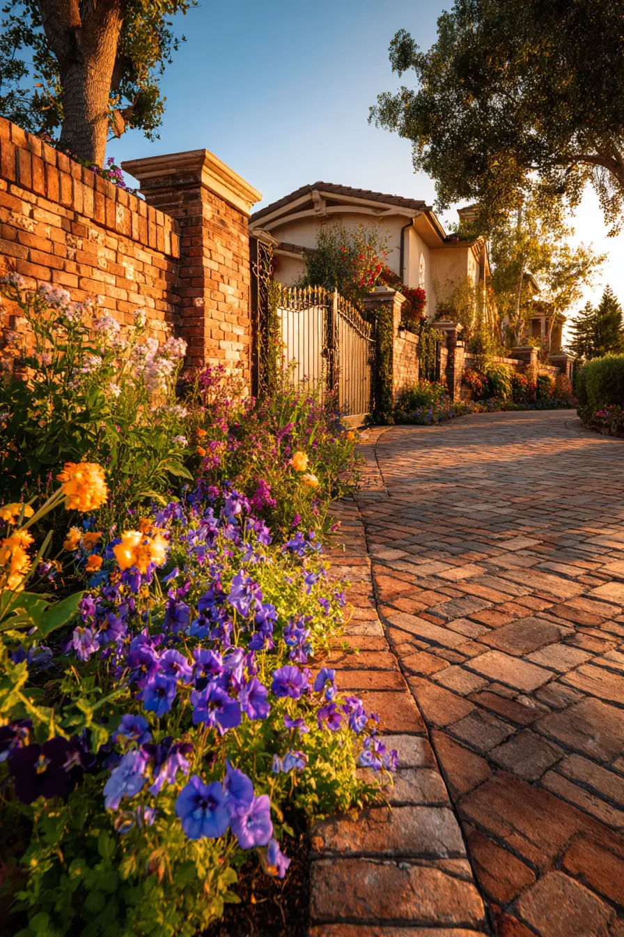 Driveway Brick Wall with Blooming Garden Touch