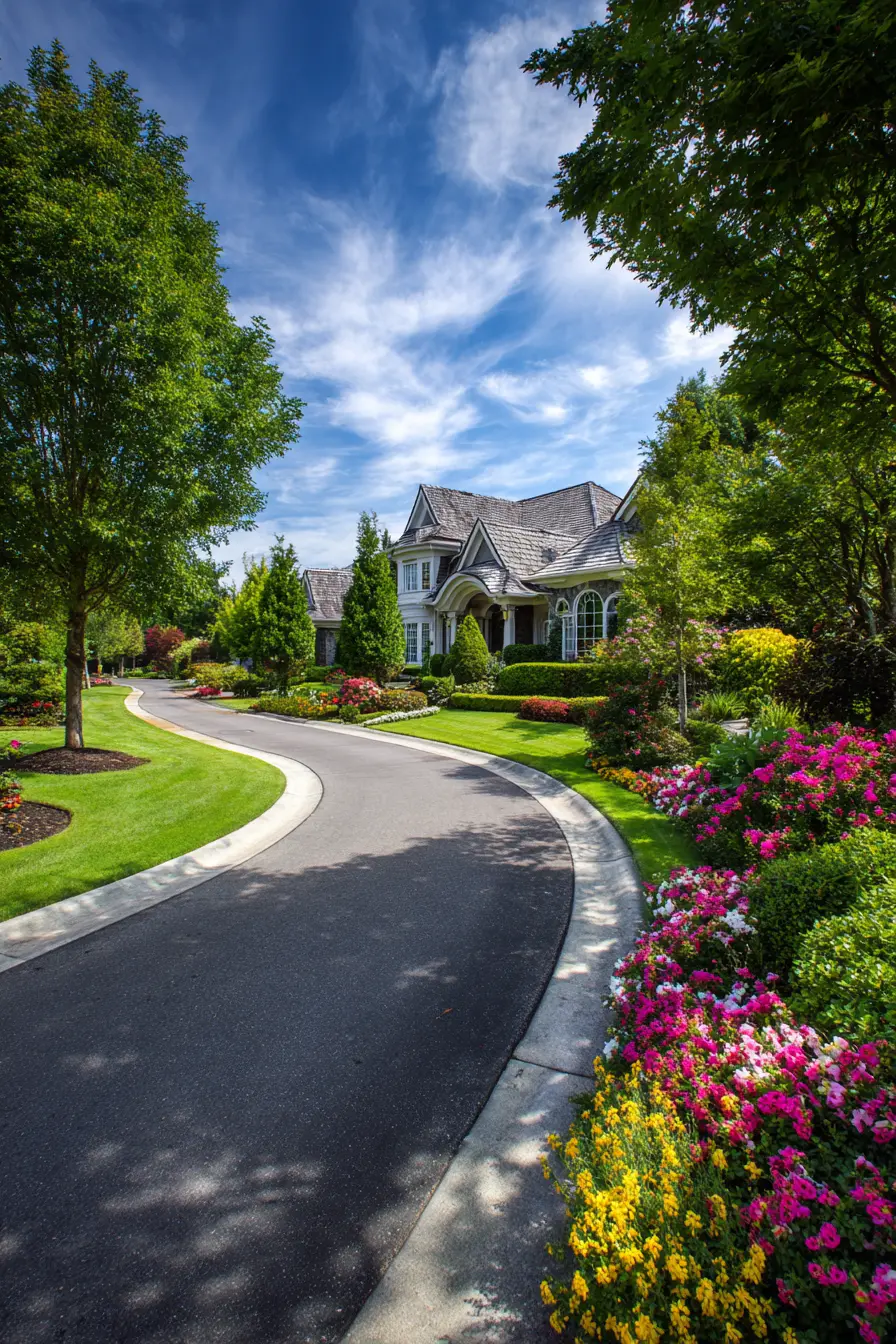 Curved Concrete Driveway with Lush Landscaping