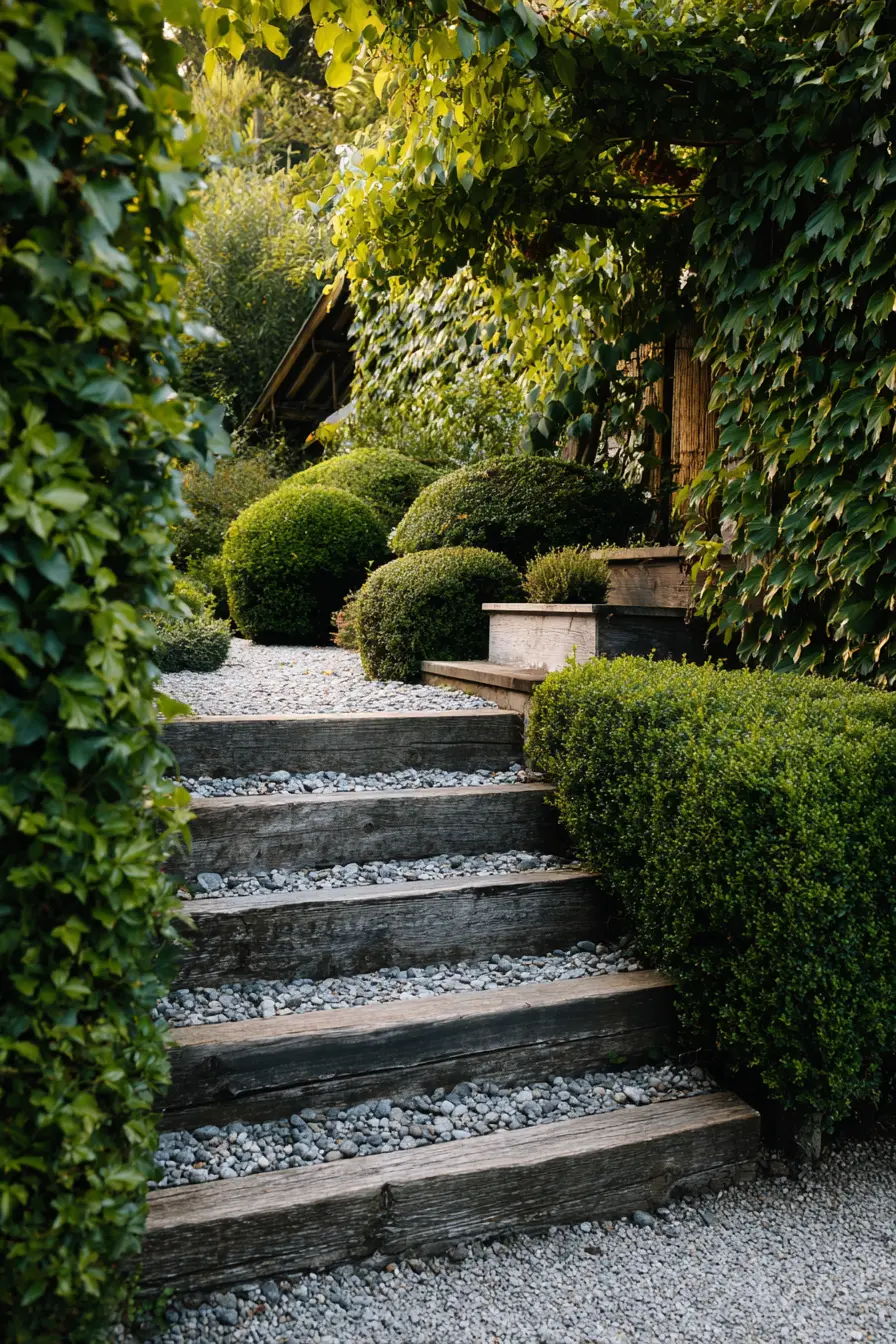 Rustic Wooden Steps with Pebble Accents