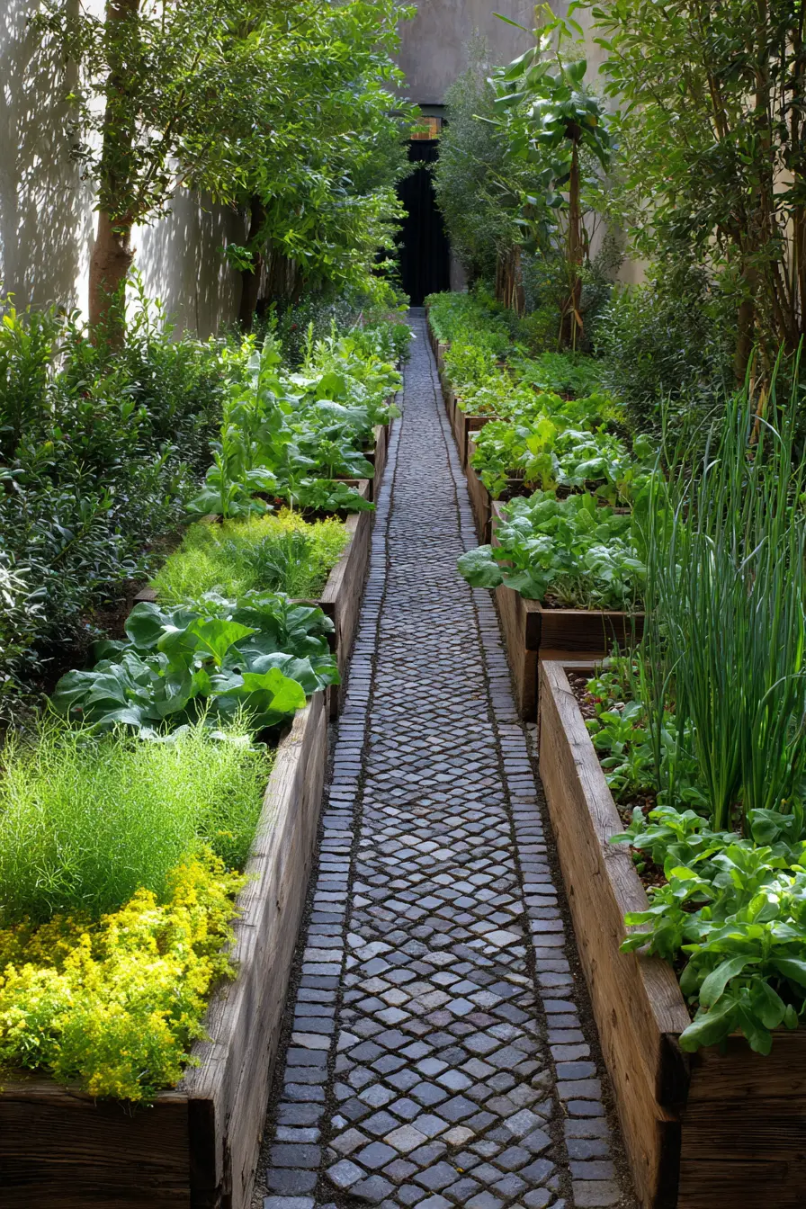 Cobblestone Pathway Between Raised Garden Beds