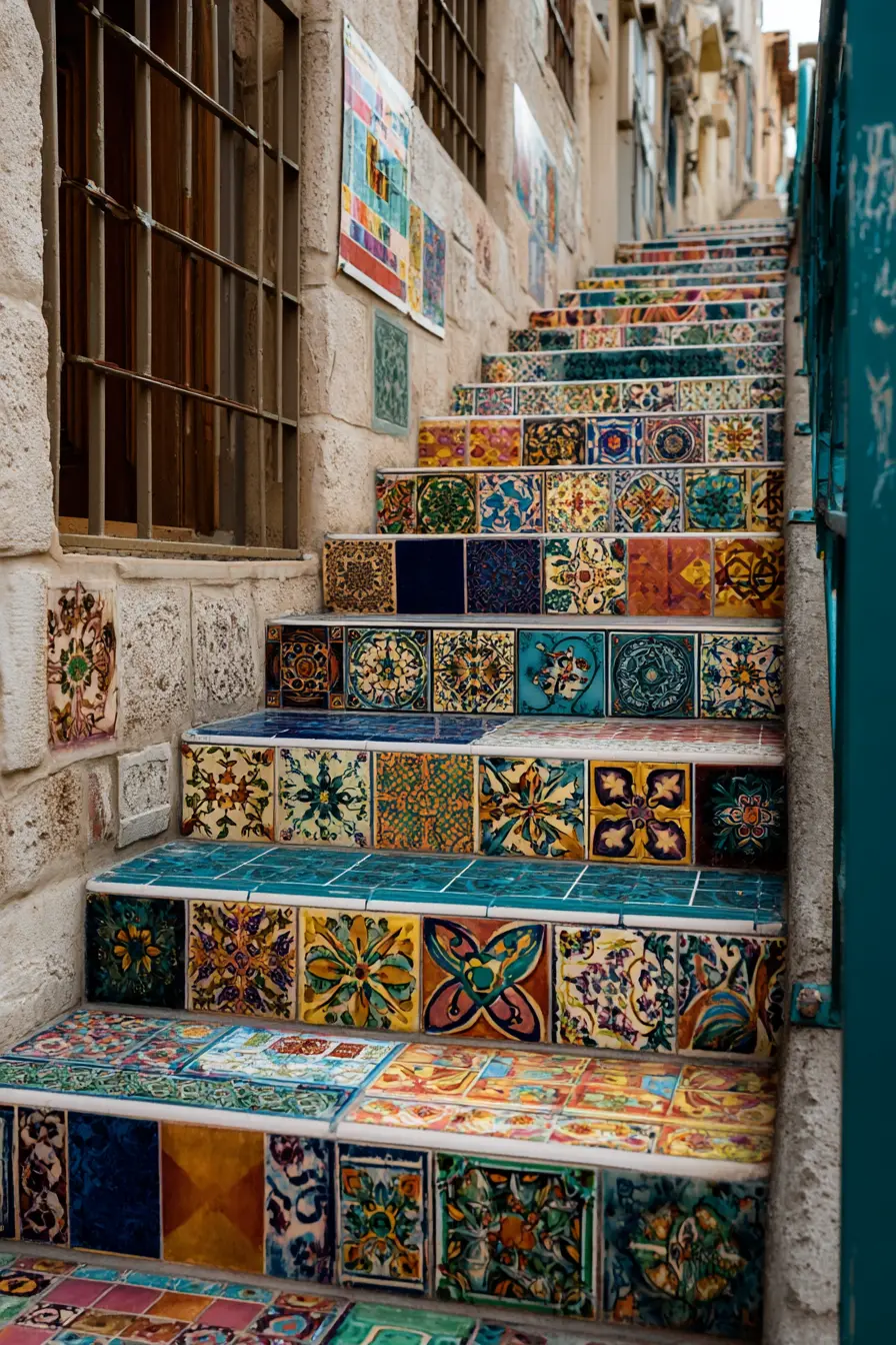 Vibrant Concrete Stairs with Colorful Tile Accents
