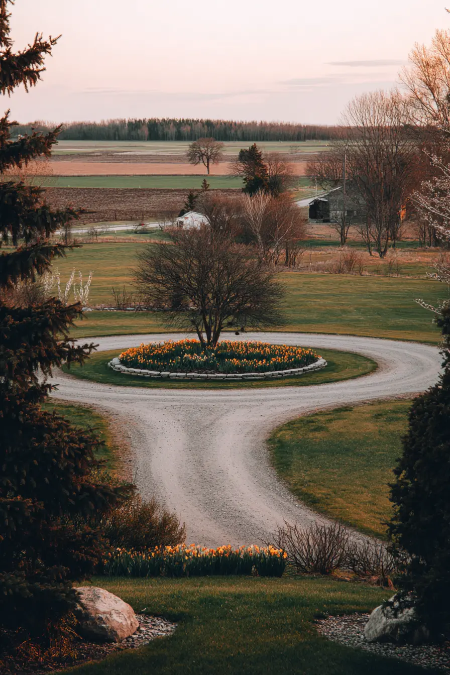 Country Gravel Driveway with Roundabout Garden