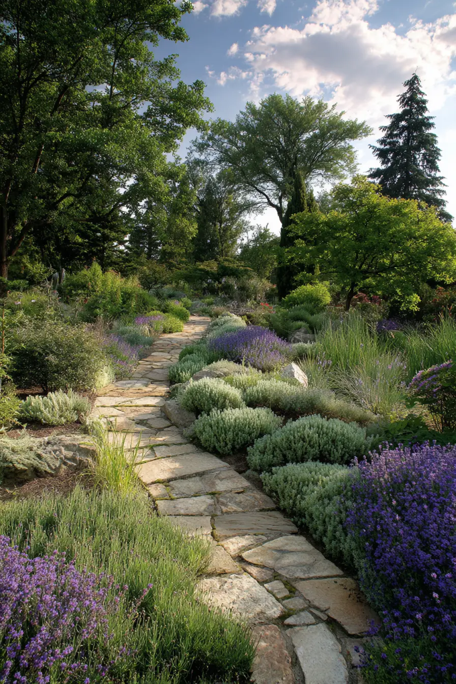 Stone Pathway Surrounded by Lavender and Greenery