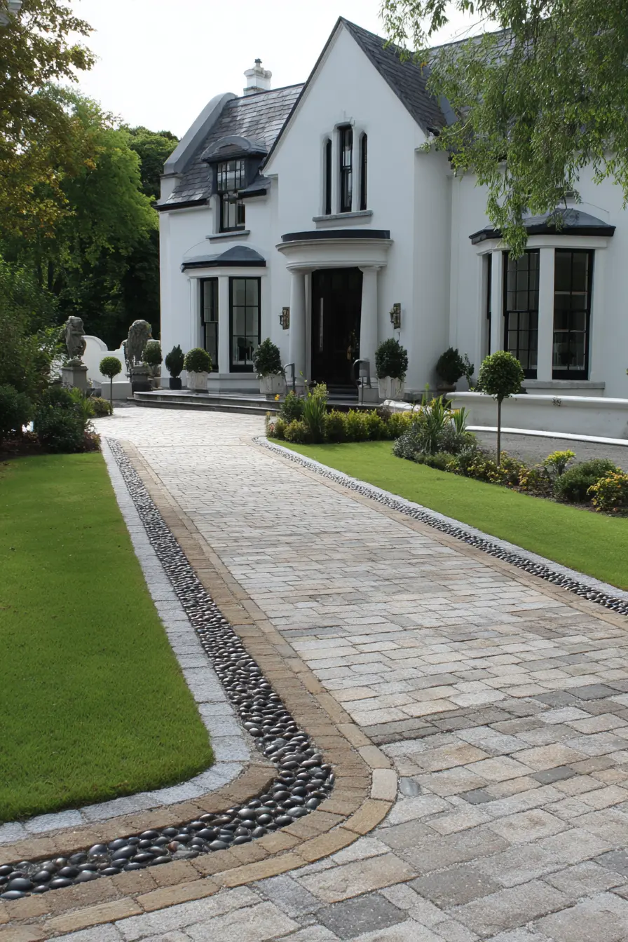 Elegant Block Paved Driveway with Pebble Borders