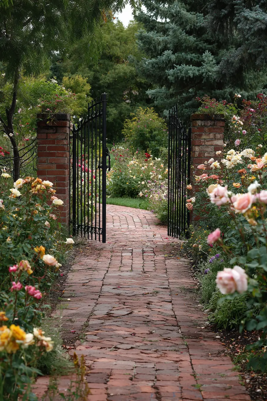 Vintage Brick Paver Path with Garden Gate