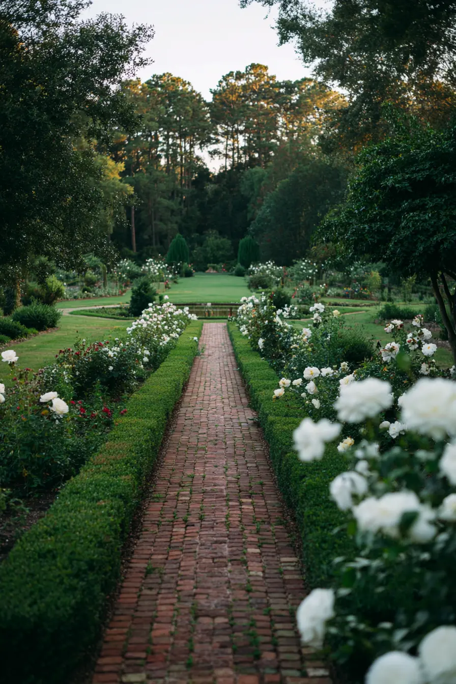 Classic Brick Pathway with Rose Borders