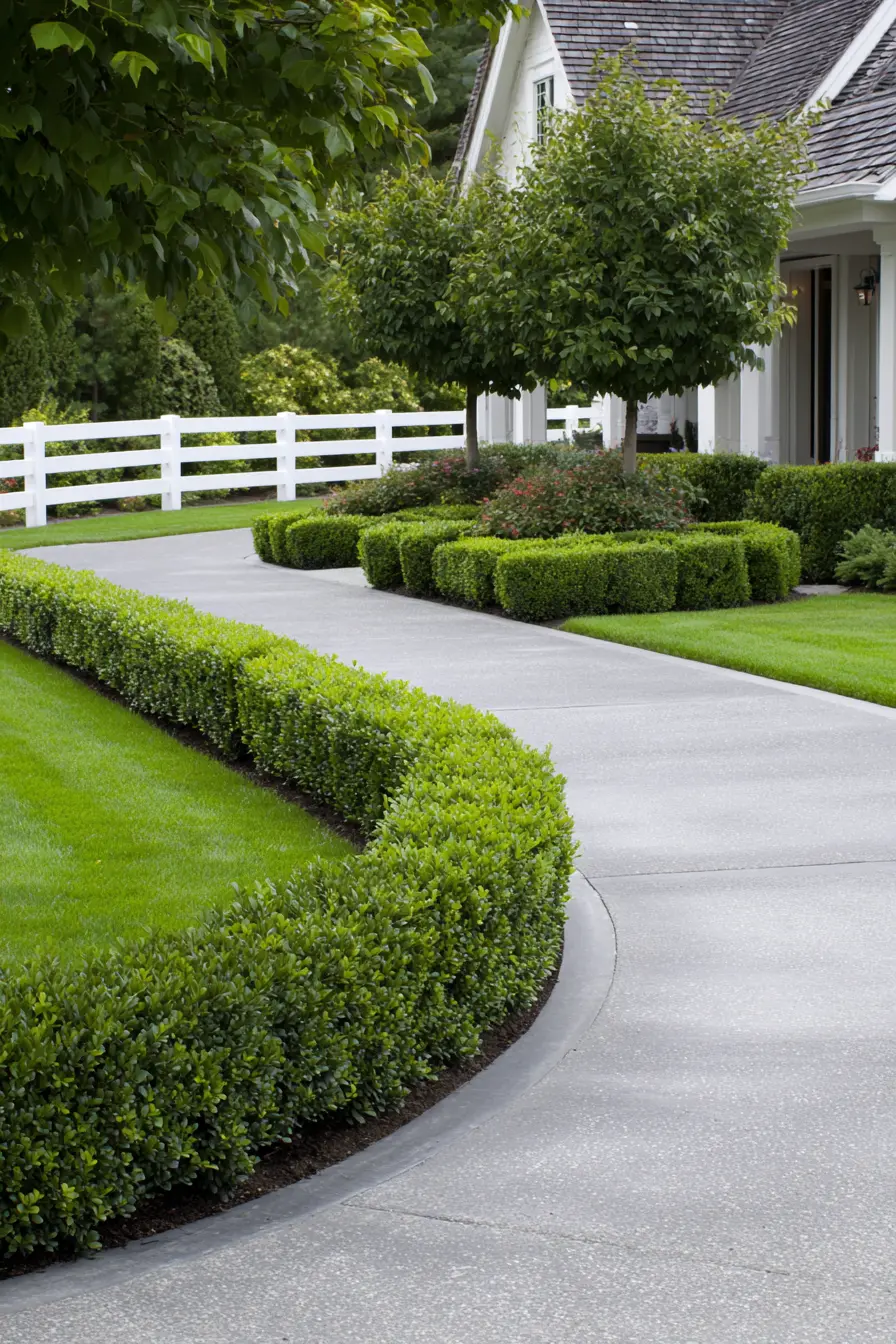 Manicured Hedges with White Rail Fence
