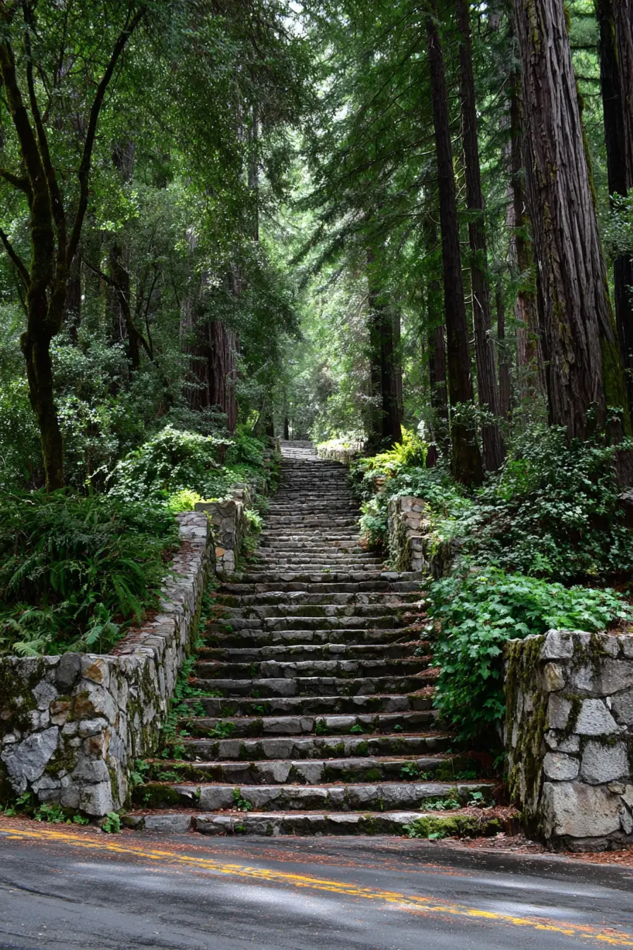 Forest Driveway with Stone Stairway Entrance