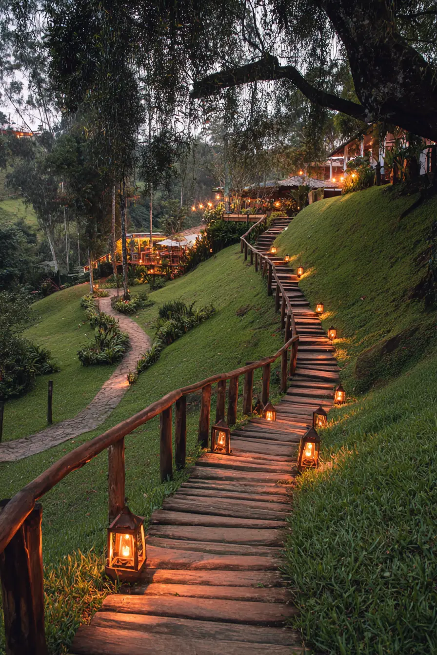 Lantern-Lit Wooden Walkway on a Hillside