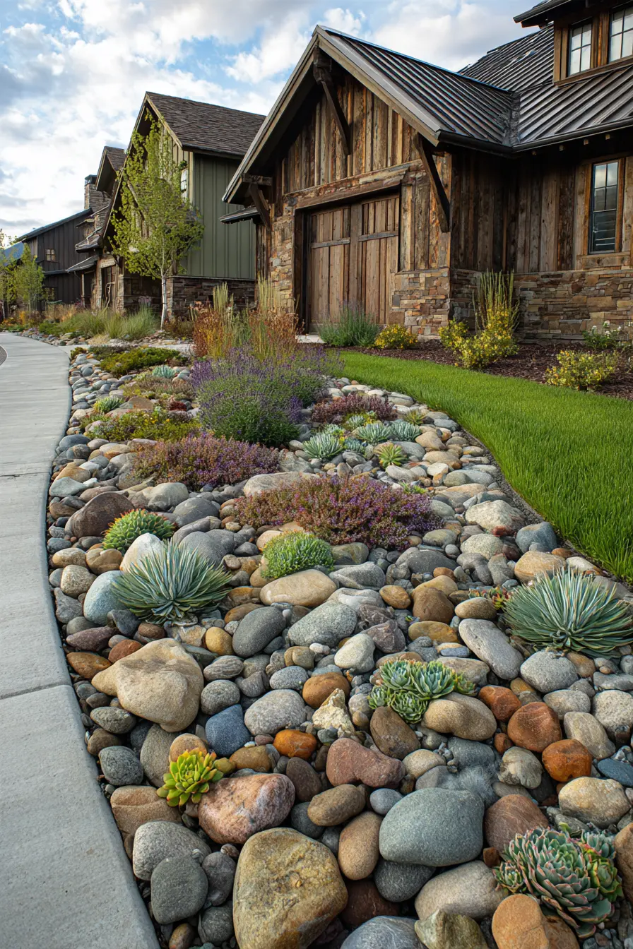 Rustic Driveway Border with River Rocks and Succulents