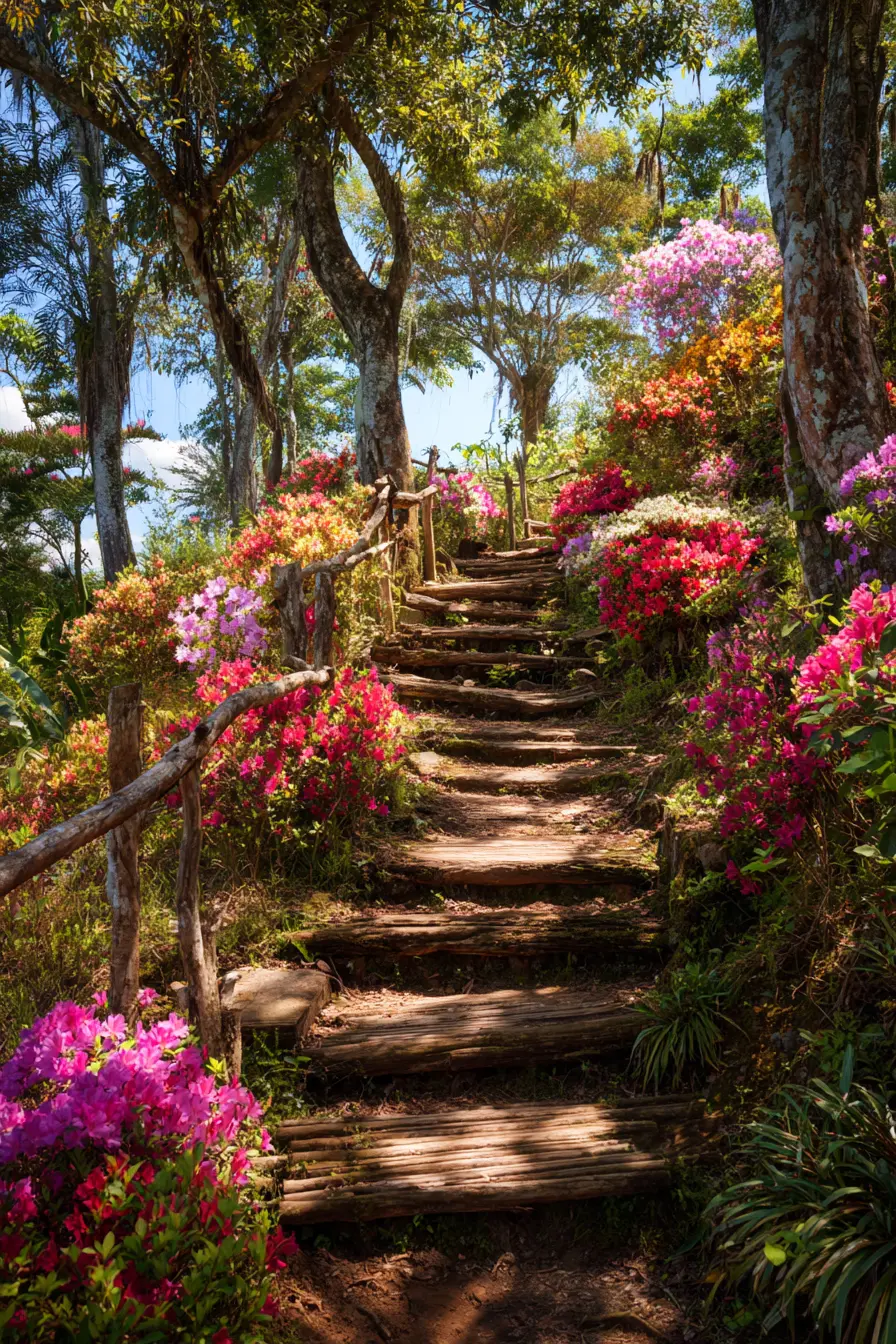 Rustic Wooden Garden Stairs with Blooming Path