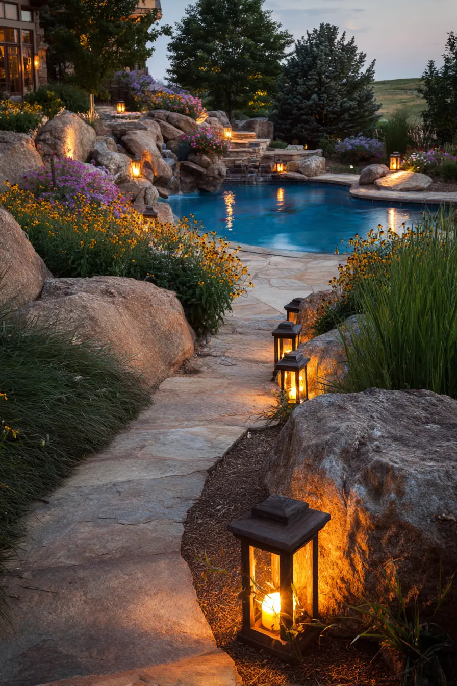 Poolside Rock Border with Evening Glow